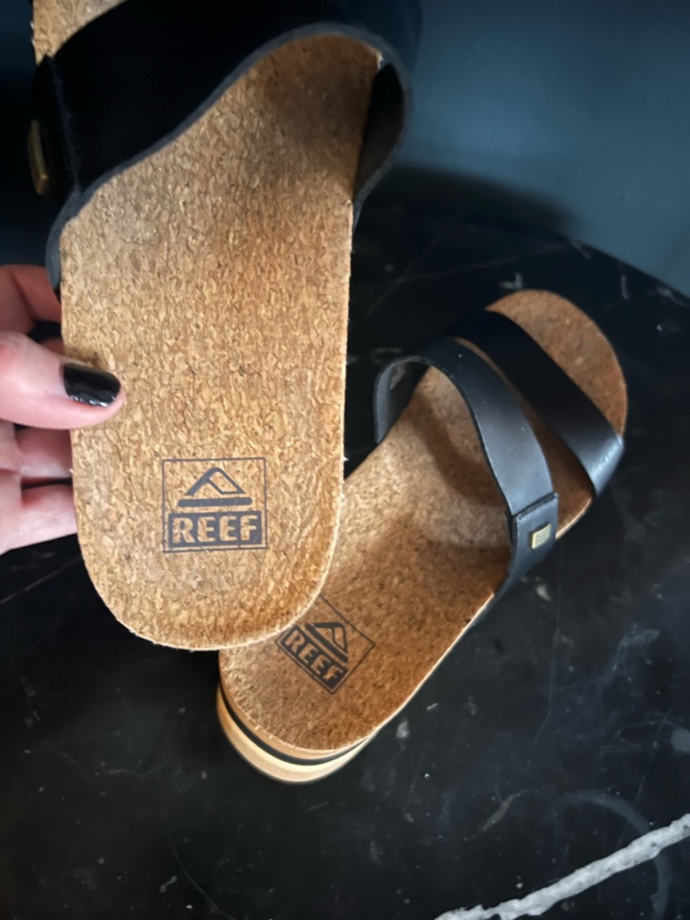 Reef Black Double-Strap Platform Sandals with Tan Sole - Picture 6 of 14